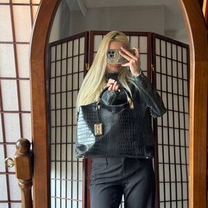 bebe Black Croc-Embossed Tote with Gold Hardware